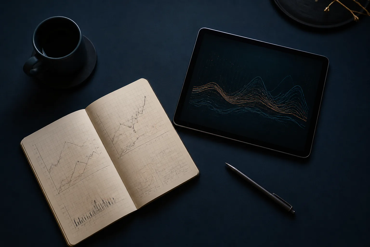 Escritorio de analista con cuaderno de gráficos y tablet en tonos azul marino / Analyst desk with chart notebook and tablet in navy tones