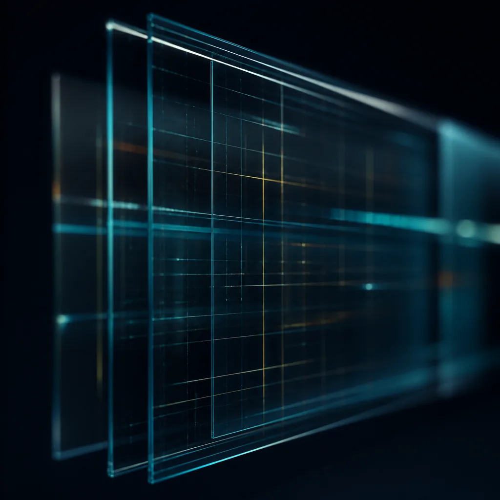 Paneles de vidrio con líneas de datos ámbar y cian sobre azul marino / Glass panels with amber and cyan data lines on navy