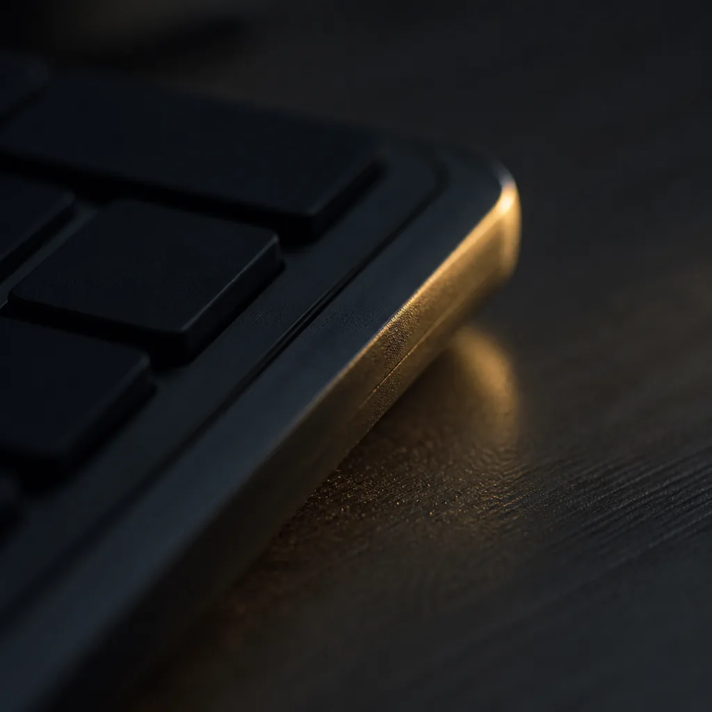 Esquina de teclado bajo luz cálida tenue / Keyboard corner under soft warm light