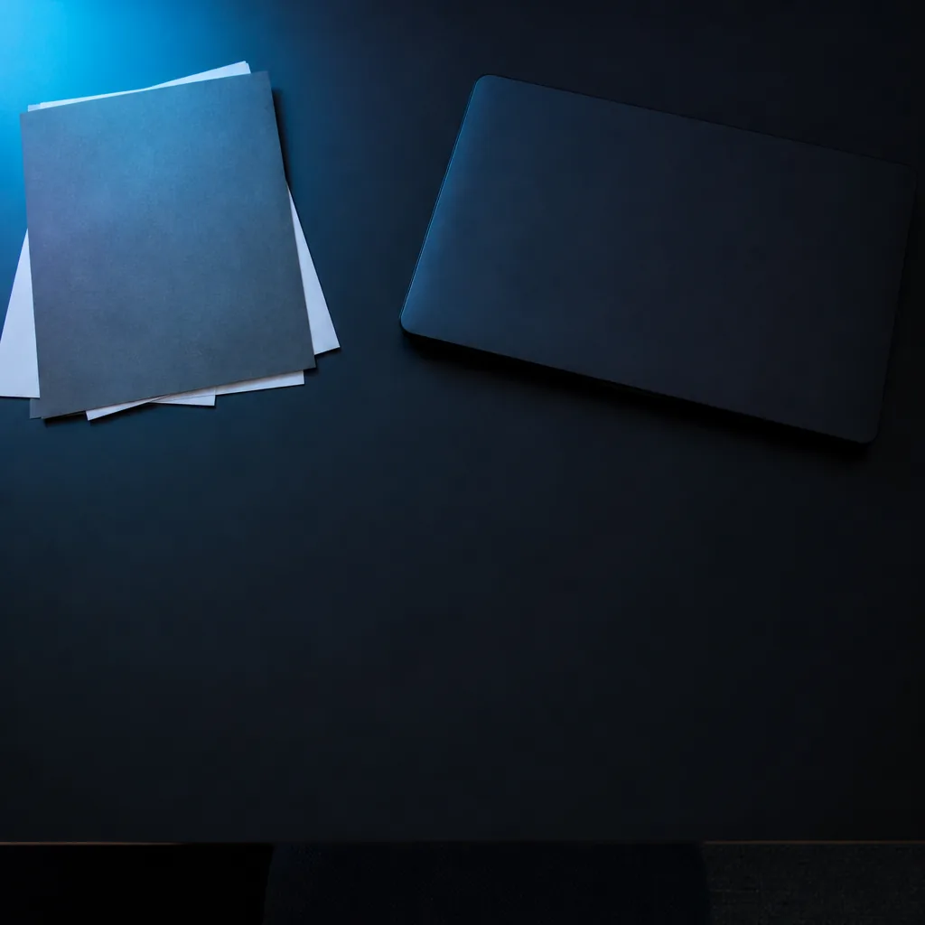 Escritorio oscuro con laptop y reportes en papel / Dark desk with laptop and paper reports